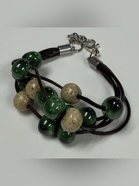 Khutsala Artisans NWT Green & Tan Multi-Strand Ceramic Bead Cuff Bracelet